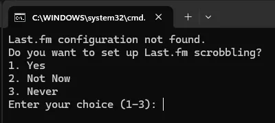 A command prompt with the script asking the user if they want to set up Last.fm.