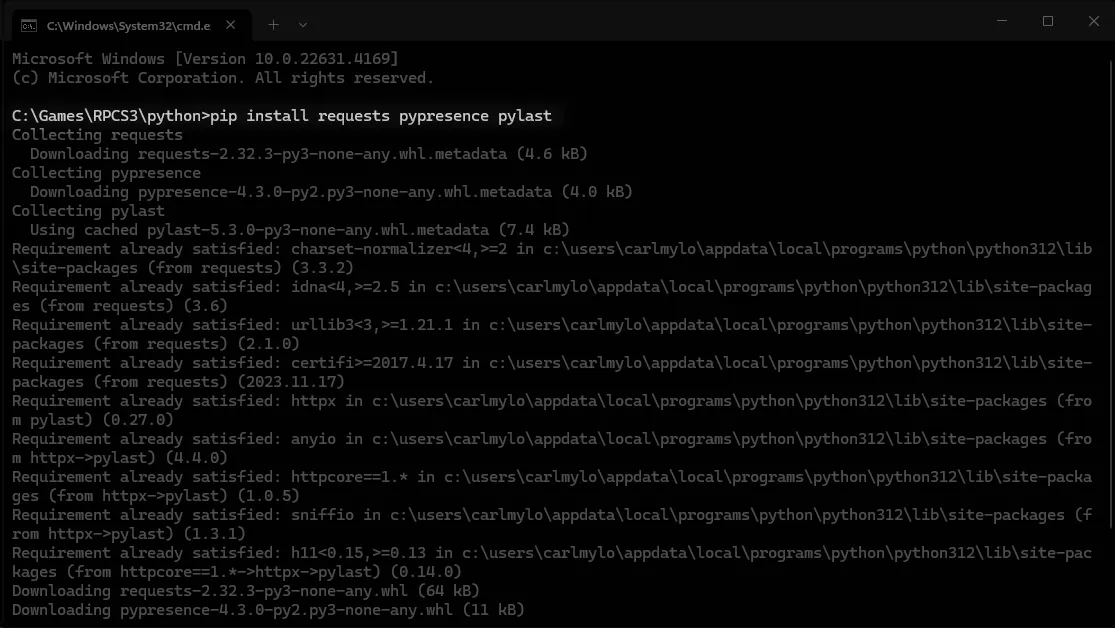 A Windows command line running the 'pip install requests pypresence pylast' command.