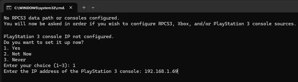 Typing in the PlayStation 3's IP into the 'py dx_discordrp.py' script running in a Windows command line.