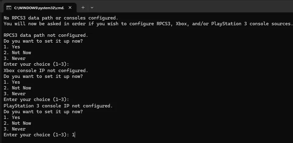 A Windows command line running the 'py dx_discordrp.py' script. It asks the user to select a platform.