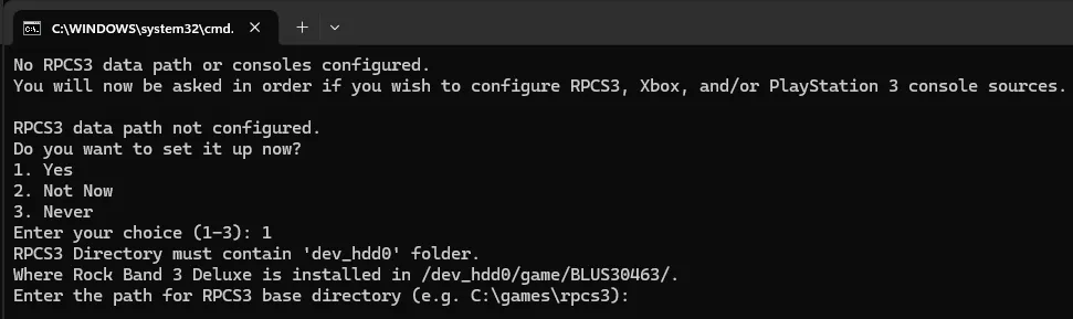 A Windows command line running the 'py dx_discordrp.py' script. It asks the user to select a platform.