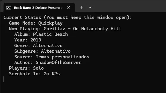A Windows command line running the Discord Rich Presence script.