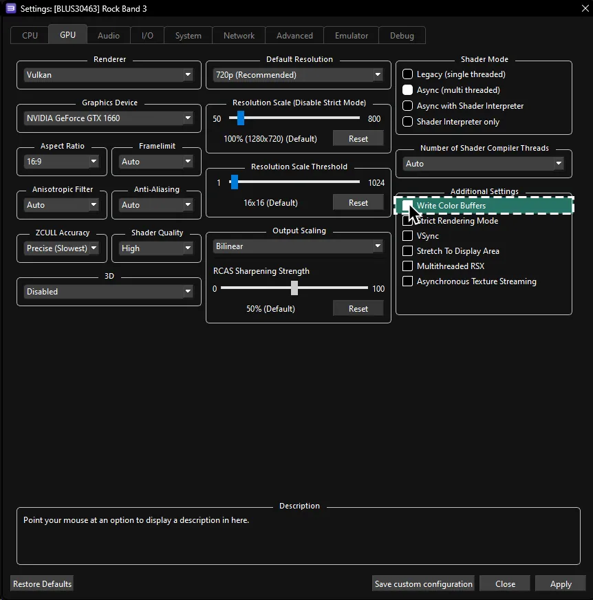 Rock Band 3's GPU custom settings highlighting Write Color Settings highlighted in green with a dotted outline.