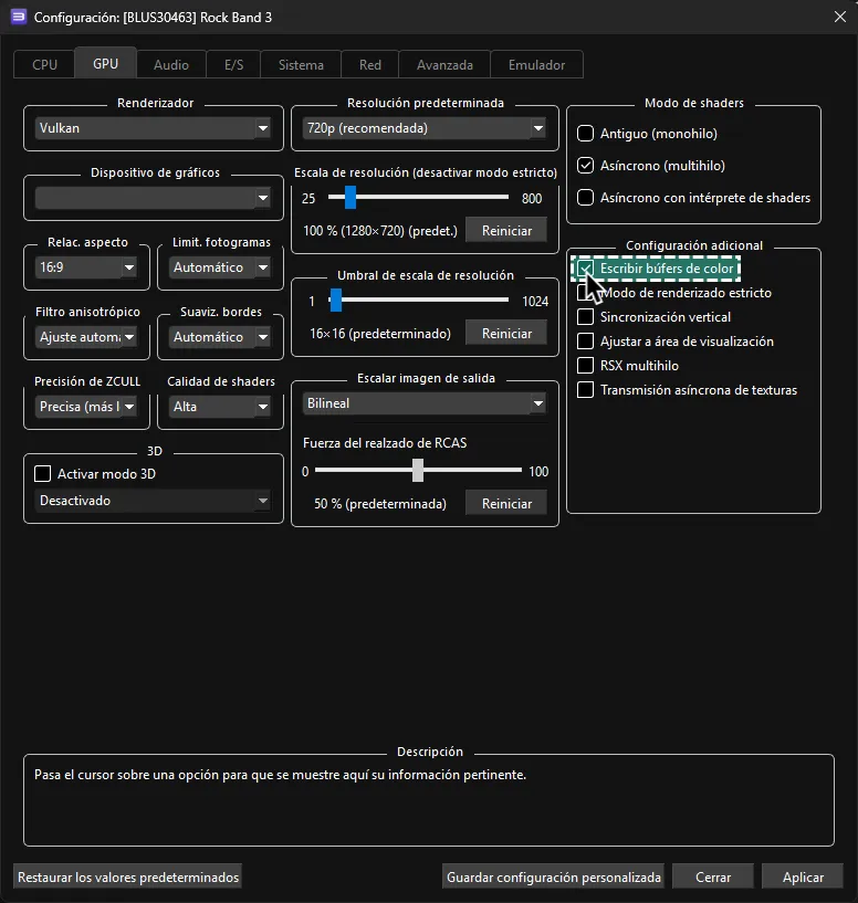La configuración personalizada de la GPU de Rock Band 3, resaltando Write Color Settings en un cuadro verde con una línea discontinua.