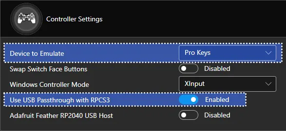 Santroller's Controller Settings. The settings reflect exactly what is above.