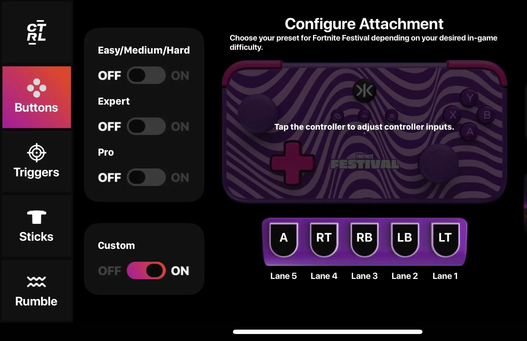 The CRKD CTRL application. Easy/Medium/Hard, Expert, and Pro are set to off. Custom is switched to on. Lane 1 is set to LT. Lane 2 is set to LB. Lane 3 is set to RB. Lane 4 is set to RT. Lane 5 is set to A.