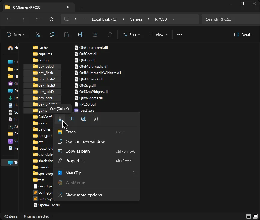 The folders listed being cut.
