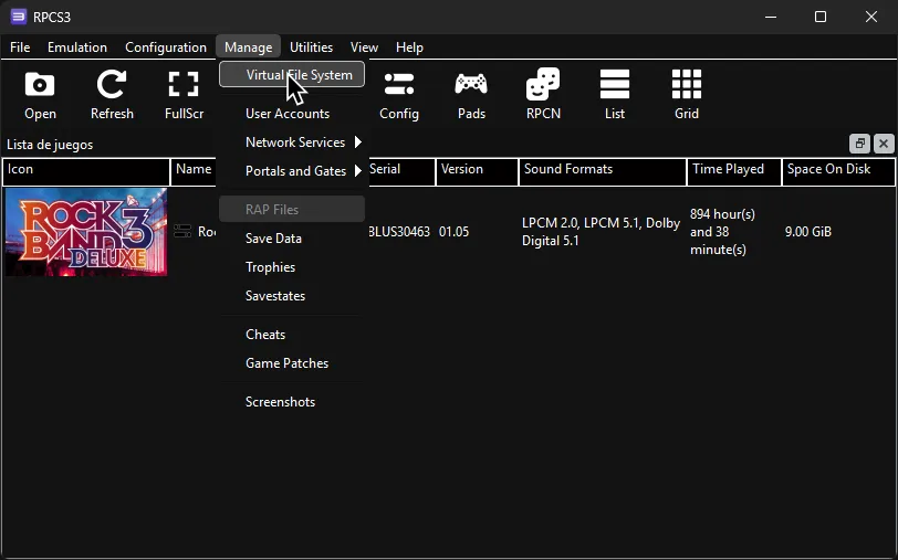 RPCS3 with the user hovering over 'Virtual File System', under the 'Manage' category.