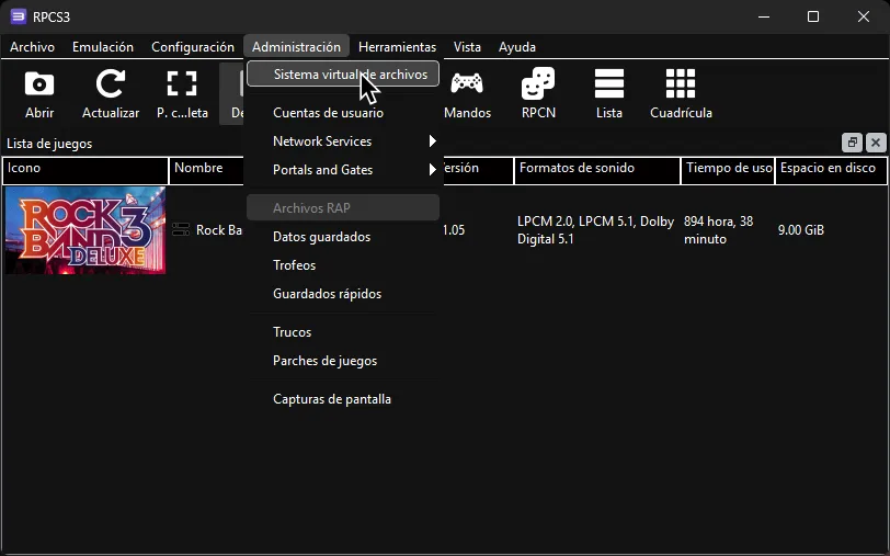 RPCS3 con el cursor sobre 'Sistema virtual de archivos', bajo la categoria de 'Administración'.