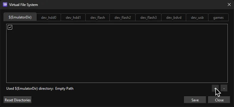 RPCS3's Virtual File System Menu showing the cursor hovering over the plus symbol at the bottom.