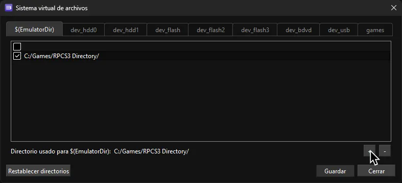 La carpeta creada en la lista de EmulatorDir.