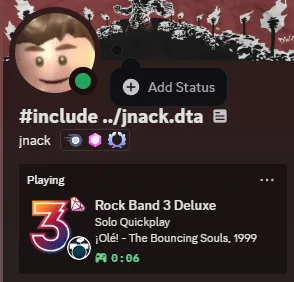 A Discord profile showing that they're playing Rock Band 3 Deluxe.