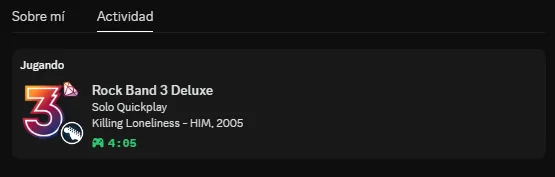 A Discord profile showing that they're playing Rock Band 3 Deluxe.