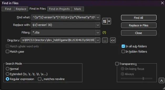 Notepad++ ready to replace text with a regex typed up.