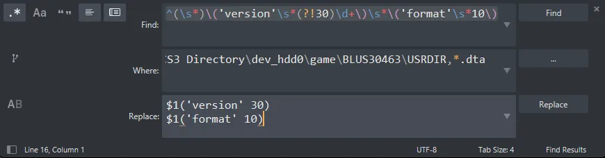 Sublime Text ready to replace text with a regex typed up.