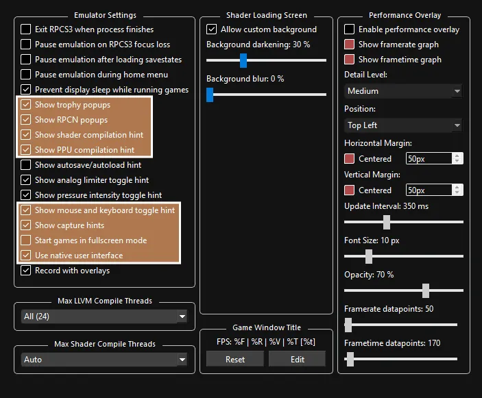 Rock Band 3's Emulator custom settings.
