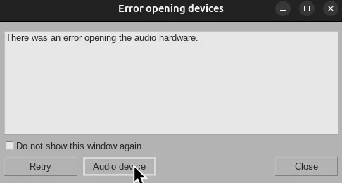 REAPER warning the user that there was an error opening the audio hardware.