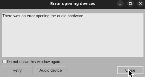 REAPER warning the user that there was an error opening the audio hardware.