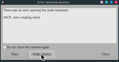 REAPER showing an error that says 'There was an error opening the audio hardware. WASAPI Error: could not find input device'.