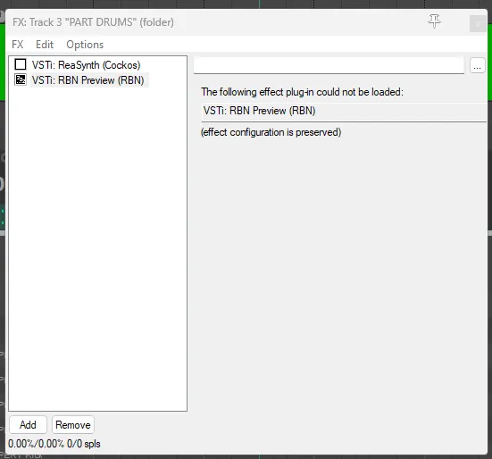 REAPER showing a broken RBN Preview.