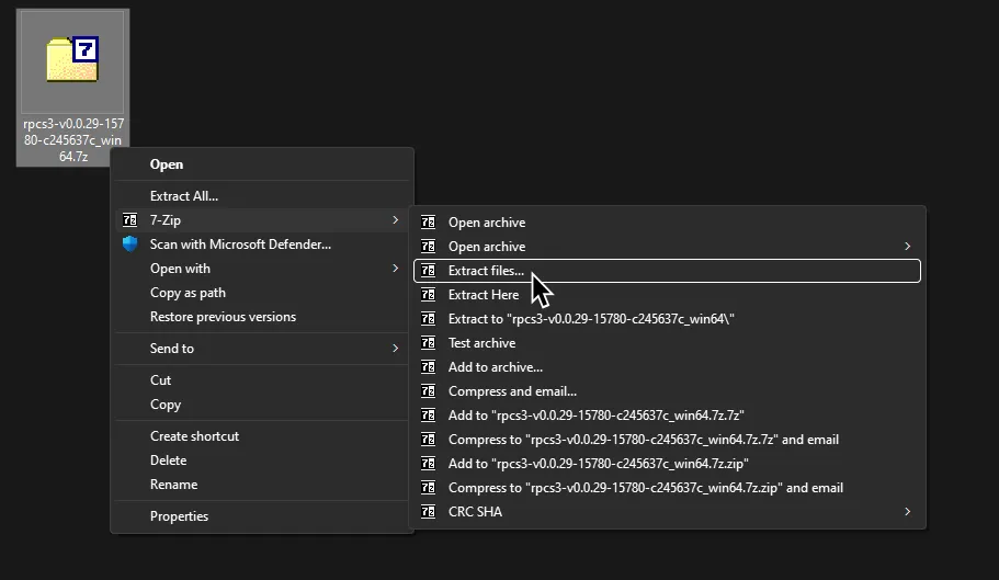 The right click menu from Windows Explorer highlighting 'Extract files...' from the 7-Zip category.