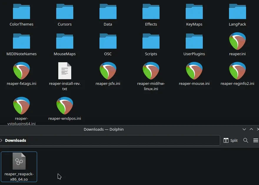 The ReaPack extension file being dragged into REAPER's 'UserPlugins' folder.