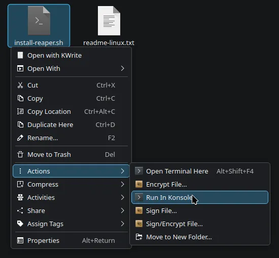 A cursor hovers over the 'install-reaper.sh' script.