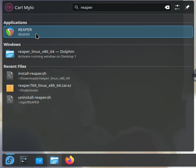 REAPER in the search results, ready to open. The cursor is over the program icon.