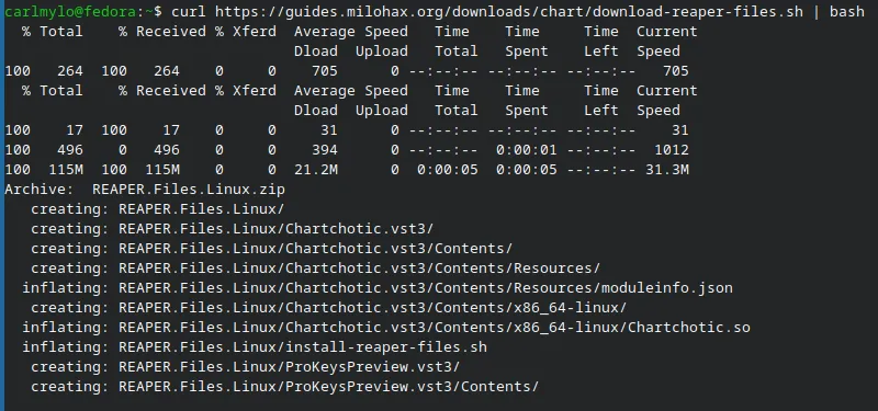 A terminal downloading all of the files to chart with REAPER.