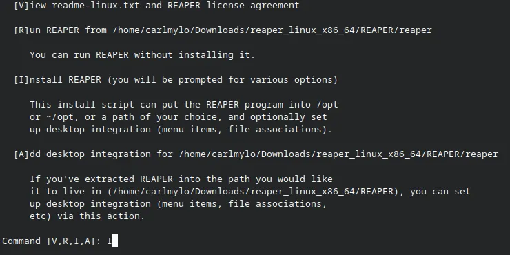 A terminal asking the user if they want to run or install REAPER, view its README, or add desktop integration.