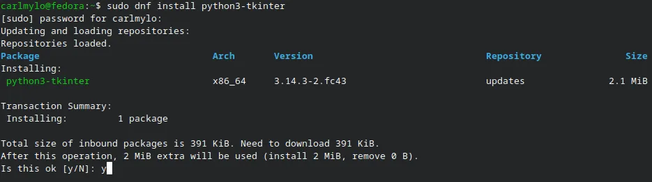 A terminal downloading python3-tkinter via DNF.
