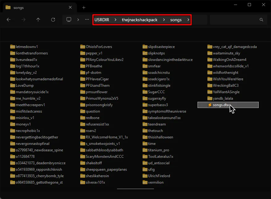 A Windows Explorer window. It's showing a 'songs.dta' file within a pack's 'songs' folder.