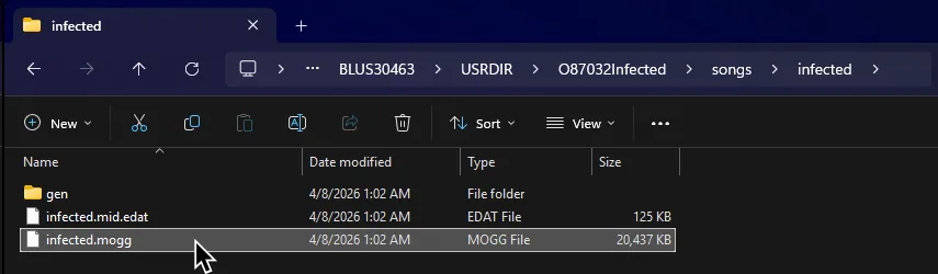 A file browser window with a 'mogg' file is selected.