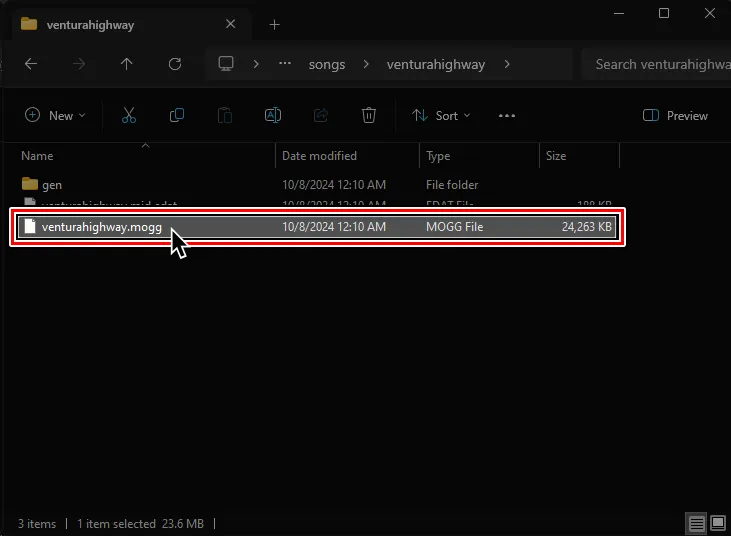 A file browser window with a mogg file is selected.