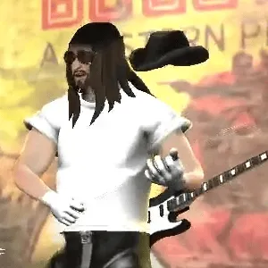 Rock Band 3 with a character's hat teleporting off of his head.