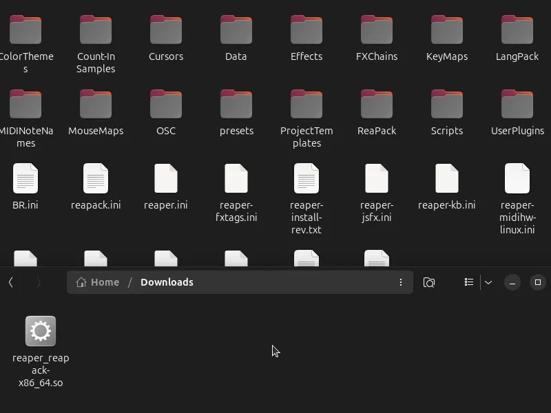 The ReaPack extension file being dragged into REAPER's 'UserPlugins' folder.