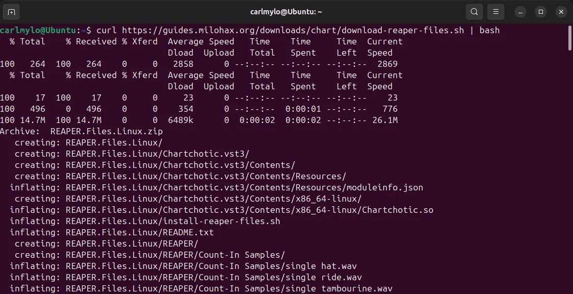 A terminal downloading all of the files to chart with REAPER.