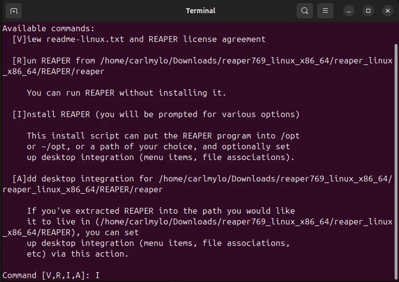 A terminal asking the user if they want to run or install REAPER, view its README, or add desktop integration.