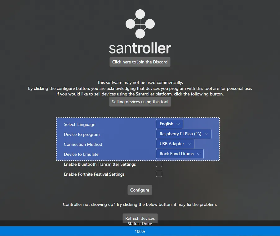 Santroller's initial screen. 'Device to program' is set to 'Raspberry Pi Pico', 'Connection Method' is set to 'USB Adapter', and 'Device to Emulate' is set to 'Rock Band Drums'.