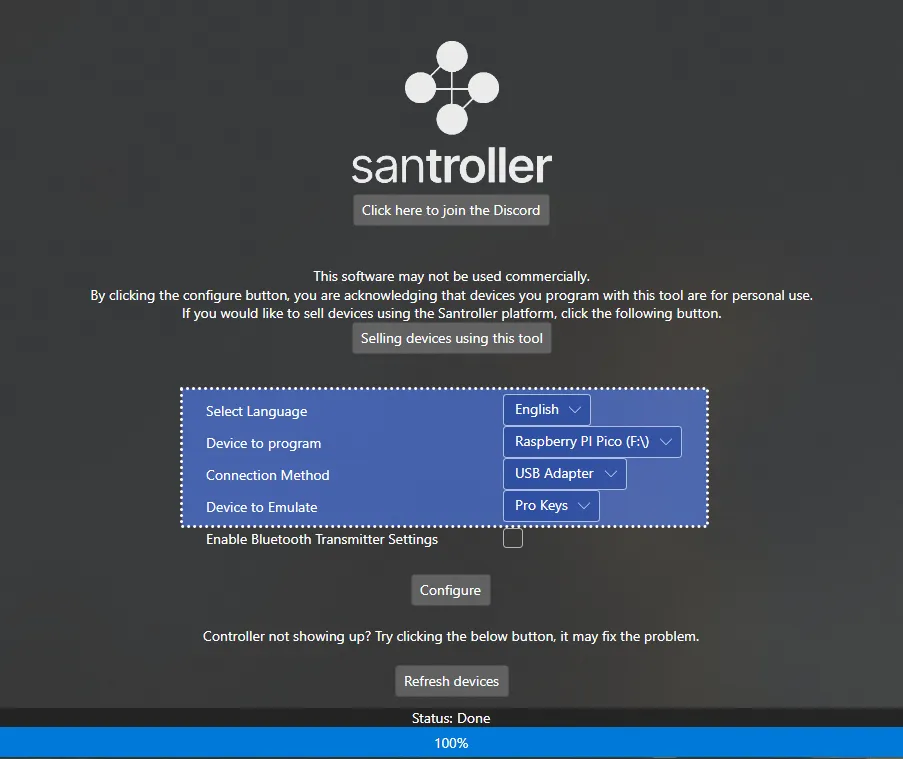 Santroller's initial screen. 'Device to program' is set to 'Raspberry Pi Pico', 'Connection Method' is set to 'USB Adapter', and 'Device to Emulate' is set to 'Pro Keys'.