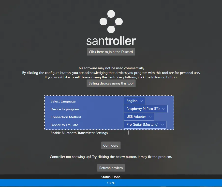 Santroller's initial screen. 'Device to program' is set to 'Raspberry Pi Pico', 'Connection Method' is set to 'USB Adapter', and 'Device to Emulate' is set to 'Pro Keys'