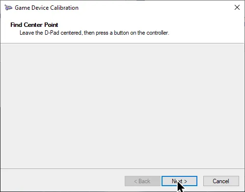 Game Device Calibration on the 'Find Center Point' with the cursor on 'Next'.