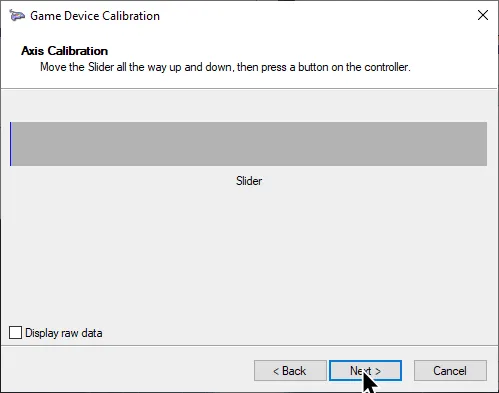 Game Device Calibration on the 'Axis Calibration' for the slider axis with the cursor on 'Next'.