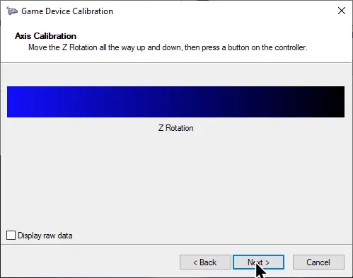 Game Device Calibration on the 'Axis Calibration' for the Z axis with the cursor on 'Next'.