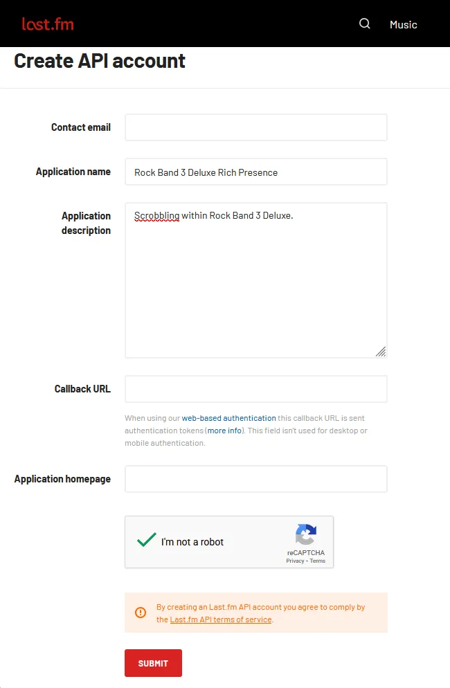 A Last.fm API creation page with email, application name, and application description filled out.