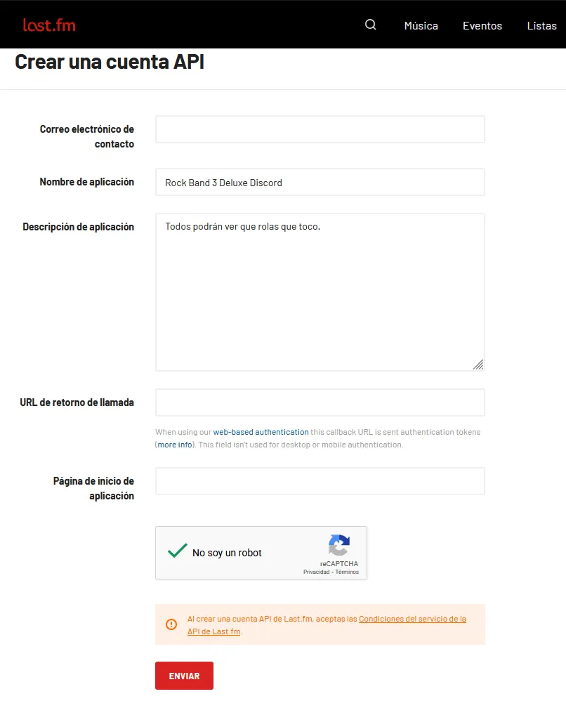 Una pagina de creación de cuenta de API. Pregunta por un correo electrónico de contacto, nombre de aplicación, y descripción de aplicación.