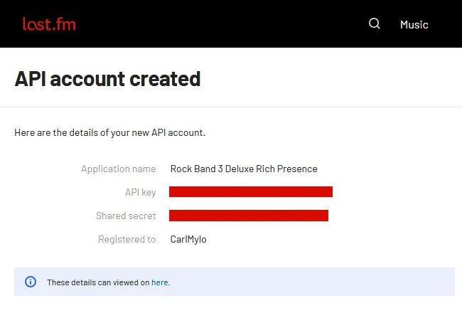Last.fm showing that the API account was created. It has the application name, API key, shared secret, and who it's registered to.