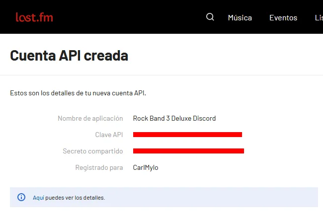 Last.fm mostrando que la cuenta de API fue creada. Esta mostrando el nombre de aplicación, la Clave API, el Secreto compartido y a quien esta registrada.