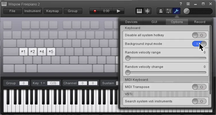 FreePiano with the 'Background input mode' enabled.