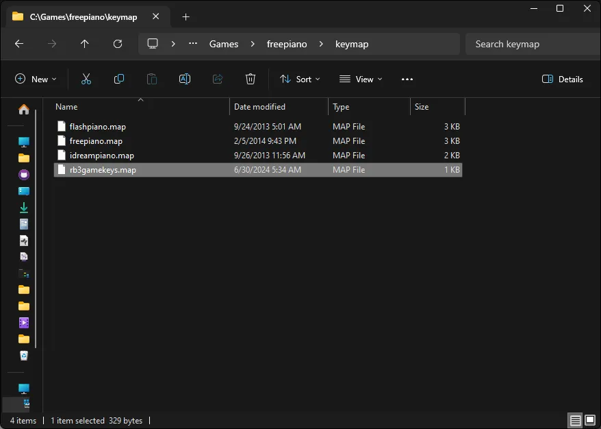 A highlighted profile named rb3gamekeys.map in the keymap folder.